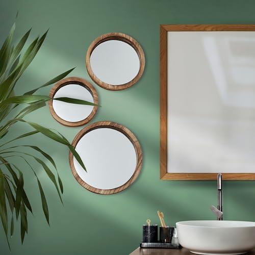 The Rustic Boho Chic Porthole Mirror Trio, Set of 3 - 10, 12 and 13 ¾-Inches Diameter, Glass and Sustainable Wood, By Whole House Worlds - Image 4