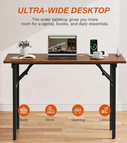 XBurmo Small Folding Desk Folding Table, No Assembly Foldable Desk Gaming Desk, 43.3-Inch Computer Table Workstation with 2 AC Outlets and 2 USB Ports for Bedroom and Home Office, Dark Walnut - Image 7