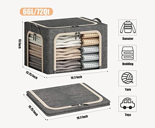 3 Openings Large Clothes Storage Bins with Metal Frame, Foldable Storage Bin for Clothes, Clothing Storage Bins with Lid, Linen Storage Box With Clear Window＆ Zippers＆ Handles.(3 Pcs,Dark Grey,66L) - Image 6