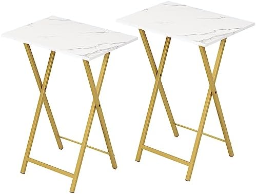 HOOBRO Folding TV Tray Tables, Set of 2 Side Table for Small Space, Industrial Snack Tables for Eating at Couch, Stable Metal Frame, Easy Assembly, Space Saving, Marble and Gold DM25BZ01 by HOOBRO