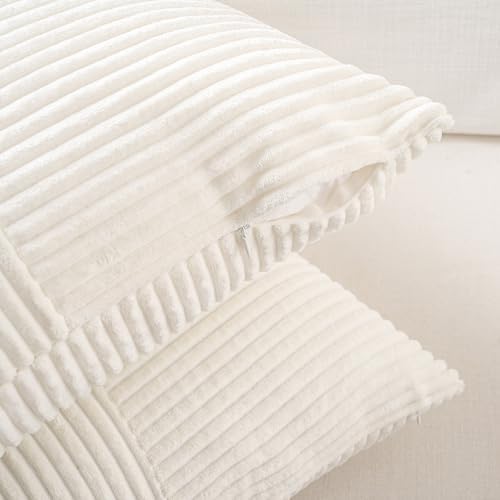 Fancy Homi Set of 2 Cream White Boho Long Lumbar Body Decorative Throw Pillow Cover 14x36 Inch for Bed Couch Bedroom Bench, Soft Patchwork Corduroy Textured Pillow Case, Rustic Farmhouse Room Décor - Image 4