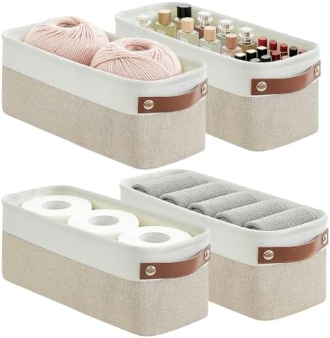 Bagnizer Small Fabric Storage Baskets, 15x6x5 inch Narrow Storage Bins 4-Pack Long Storage Basket for Organizing with Handles, Decorative Basket for Closets, Shelves, Toilet Paper, Beige by Bagnizer
