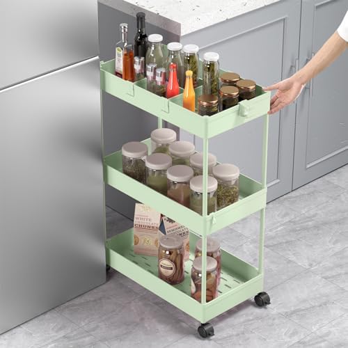 SPACELEAD 3 Tier Rolling Cart with Wheels, Storage Craft Art Trolley Organizer Serving, 3 Hanging Baskets Easy Assembly, for Office, Living Room, Kitchen, Green - Image 4