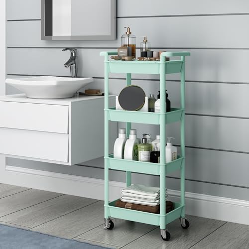 STEEHOOM Utility cart with Tabletop 4 Tier Rolling Cart Organizer with Wheels Movable Storage Cart for Office, Living Room, Kitchen, Craft Room, Green - Image 5