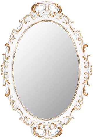 Tstarer Vintage Decorative White Framed Mirror, Small Oval Wall Hanging Mirror - 9.6" W x 14.3" L (White) by Tstarer