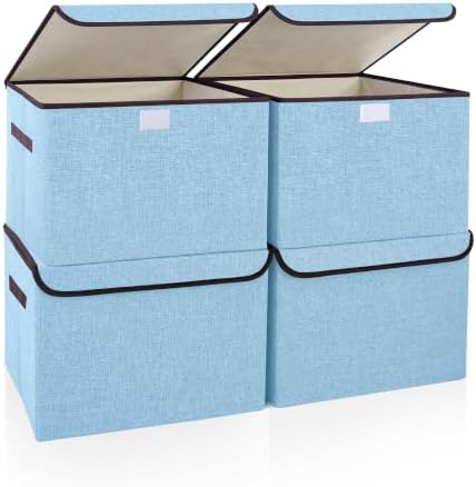 Bagnizer Foldable Storage Bins with Lids, Decorative Storage Baskets, Large Storage Boxes for Home, Office, Bedroom, Closet, Blue, Medium, 4 Pack 14.6 x 9.5 x 9.5” by Bagnizer