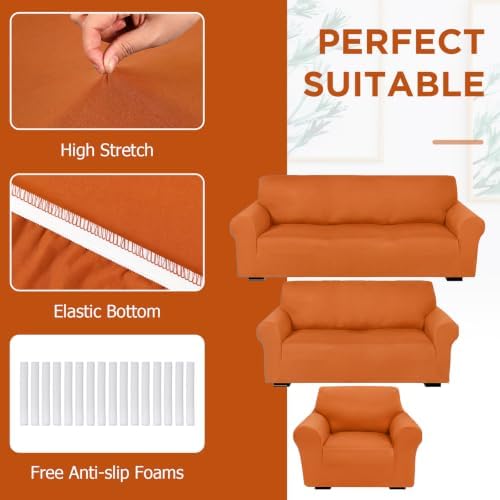 Peryiter 3 Pcs Couch and Loveseat Sofa Covers,Orange,Milk Silk - Image 4