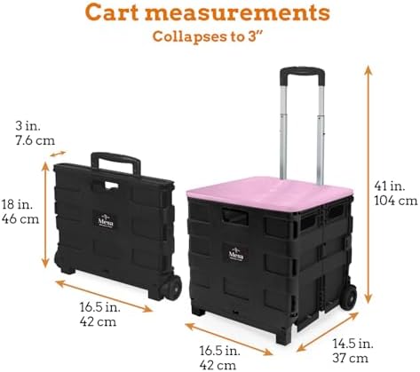 Inspired Living Collapsible Ultra-Slim Pack-N-Roll,2 Wheel Utility Cart w/Lid Used as Seat up to 250 Lbs, Telescopic Handle, Super Strong, for Home,Garden,Shopping,Office,School, Large, Pink & Black - Image 2