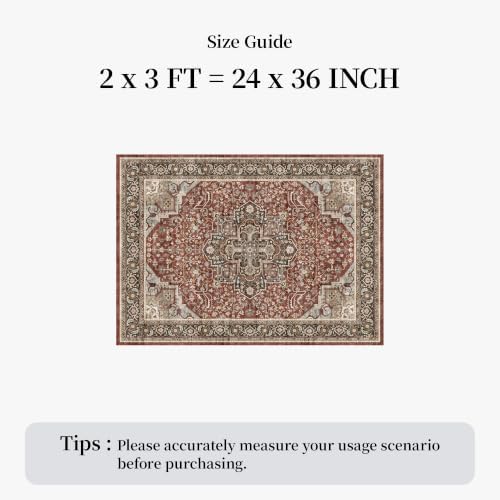 2x3 Washable Entryway Area Rug - Non-Slip Vintage Throw Rugs Red Brown - Image 2