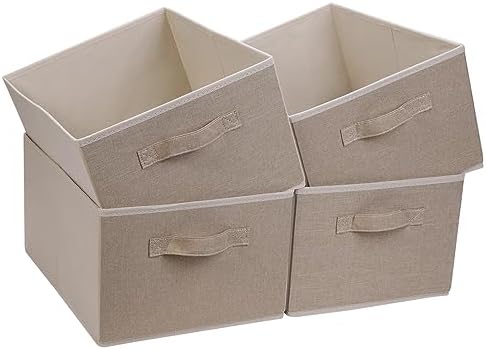 Collapsible Sorage Bins, Storage Cubes Baskets Collapsible Fabric Storage Boxes with Handles for Home and Office (Set of 4, Beige, 15.4 x 11.4 x 7.91inch) by BOMKEE