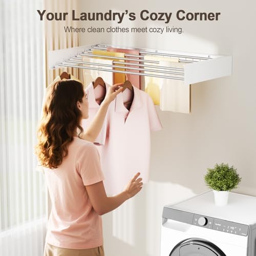 Wall Mounted Clothes Drying Rack Folding Indoor, Foldable Laundry Drying Rack Collapsible,Invisible, Space Saving, Retractable Towel Drying Rack, with Wall Template(6 Drying Rods, White 40") - Image 2
