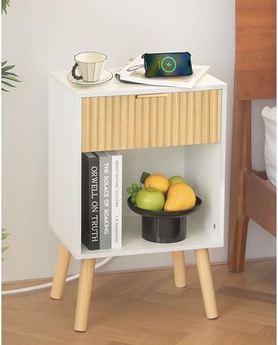 Fultyle Night Stand with Charging Station, Fluted Bedside Table with Drawer by Fultyle