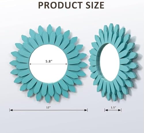 Honiway Beach Wall Decor Mirror 2 Pack 12 inch Wood Coastal Wall Decor Sunburst Boho Home Decor Room Decor for Bedroom Living Room Entryway Cyan - Image 6