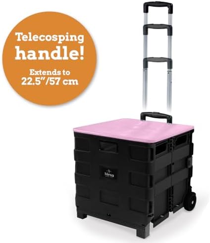 Inspired Living Collapsible Ultra-Slim Pack-N-Roll,2 Wheel Utility Cart w/Lid Used as Seat up to 250 Lbs, Telescopic Handle, Super Strong, for Home,Garden,Shopping,Office,School, Large, Pink & Black - Image 4