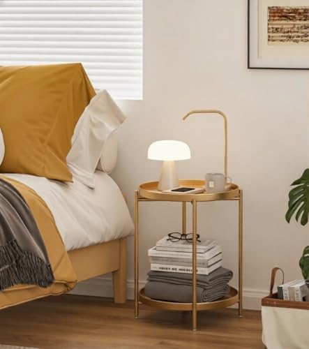 TeoKJ 2 Tier Gold Side Table, Folding Round Metal End Table Small Nightstand with Two Removable Tray for Bedroom Living Room Small Spaces Bedside Gold - Image 4