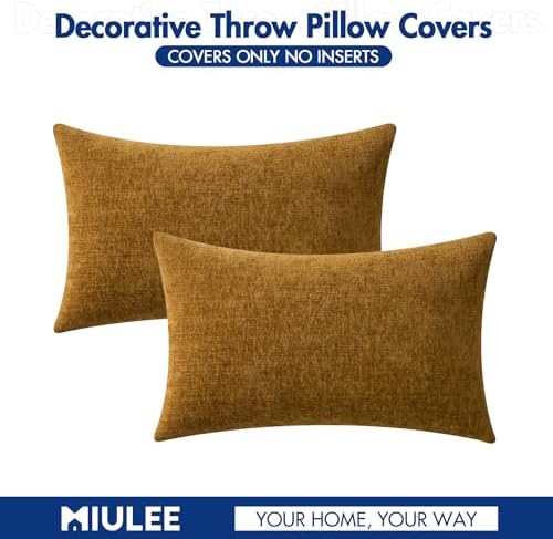 MIULEE Soft Chenille Lumbar Throw Pillow Covers Mustard 12x20 Pack of 2 - Image 6