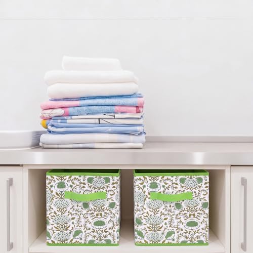Bokon 6 Pcs 11'' Green Block Print Storage Bins Cube Floral Storage Basket - Image 6