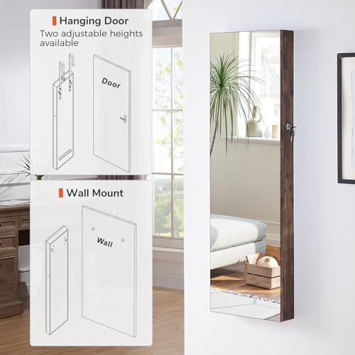 GISSAR Full Length Mirror Jewelry Cabinet, 6 LEDs Jewelry Armoire Wall Mounted Over The Door Hanging, Jewelry Organizer Storage with Lights Lockable, Vintage Brown, 14.6" x 47.2" - Image 2