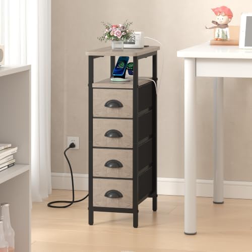 sthmec Side Table with Charging Station, Narrow End Table with 4 Drawers, Small Nightstands with Fabric Drawers,Slim Sofa Couch Side Tables for Small Spaces,Living Room,Bedroom, Grey - Image 6