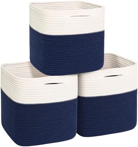 11x11 Cube Storage Bin - 3 Pack Woven Storage Cubes Organizer, 11 Inch Cotton Rope Baskets for Organizing, Decorative Square Shelf Baskets Closet Bins, Toy Boxes for Boy, Dark Blue Decor by Unknown