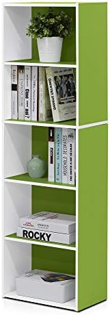 Furinno LUDER Book Shelf, 5-Tier Bookshelf, Bookcase with Open Shelves, 9.4 x 15.8 x 52, Easy Assembly, for Living Room, Bedroom, Home Office, White/Green by Furinno-FitsYourSpaceFitsYourBudget