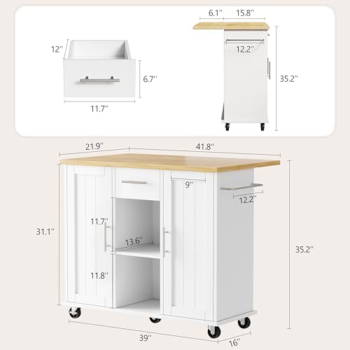 Shintenchi Kitchen Island with Storage, Bar Cart Cabinet Island Table on Wheels, Rolling Microwave Cart for Kitchen with Drop Leaf, Drawers, Towel Rack, Seating Area for Dining Room, White - Image 3
