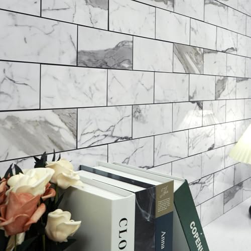 Vamos Tile 100-Piece Glossy Statury White Peel and Stick Backsplash Tile,3''x6'' PVC Subway Tile with Dark Gray Grout, Stick on Backsplash for Kitchen/Bathroom/Fireplace - Image 3