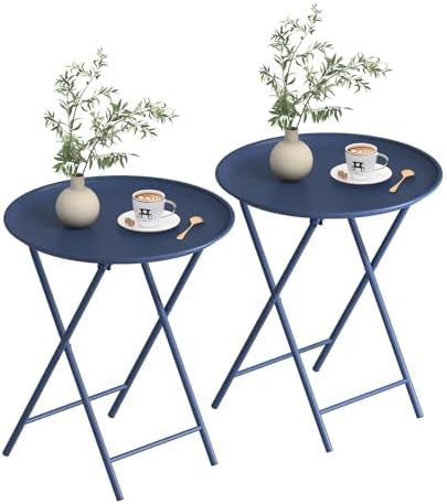 Garden 4 you Folding TV Tray Table, Metal Round Side Table, Blue Dinner Table with Metal Frame, Modern Outdoor Tray Table for Living Room, Bedroom, Patio & Small Spaces, 2 Packs by Garden4you