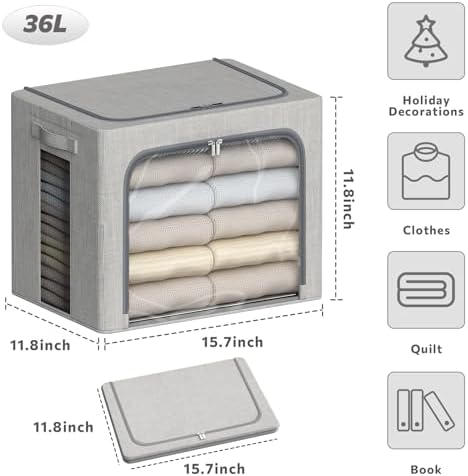 4 Pack Clothes Storage Bins with Metal Frame - 36L Stackable Storage Box with Lid，Foldable Storage Container Organizer for Clothes，Linen Fabric Storage Box with Clear Window＆Zippers＆Handles - Image 4