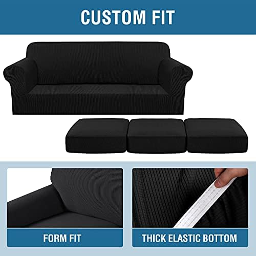 H.VERSAILTEX 4 Piece Stretch Sofa Covers for 3 Cushion Couch Covers for Living Room Furniture Slipcovers (Base Cover Plus 3 Seat Cushion Covers) Upgraded Thicker Jacquard Fabric (Large, Black) - Image 4