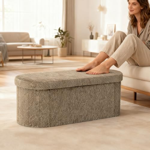 GLAXYFUR Oval Ottoman with Storage for Living Room, Sherpa Bench, Brown - Image 3
