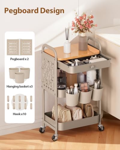 ALVOROG 3 Tier Metal Rolling Cart with Drawer,Wood Top,Pegboards,Khaki - Image 4