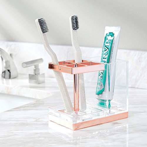 mDesign Plastic Toothbrush and Toothpaste Storage Organizer Holder - Home Decor for Bathroom Countertop - Holds Toiletries and Beauty Accessories - Lumiere Collection - Clear/Rose Gold - Image 2
