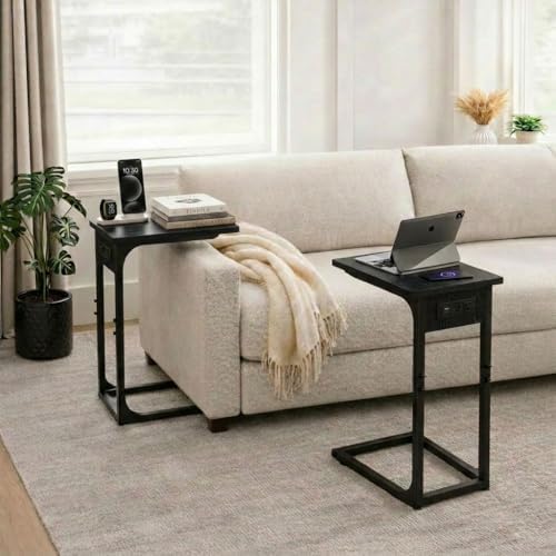 TEMI C Shaped End Table for Couch with Charging Station, Small Side Table TV Tray for Eating or Laptop, Accent Desk for Sofa or Chair, Space Saving Living Room Bedroom, Black - Image 4