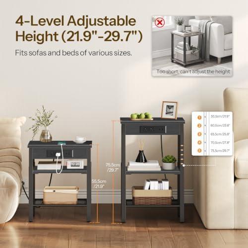 HOOBRO End Table with Charging Station, Adjustable Height Small Side Table - Image 5