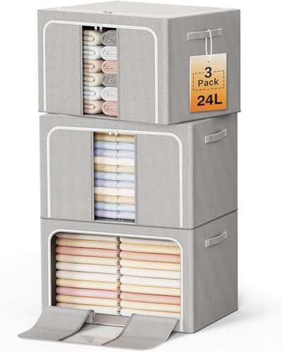 Clothes Storage Bins with Metal Frame Foldable Storage Box Clothes Organizers Storage Containers for Clothes Sheets Blankets Books Toys Gifts and Holiday Decorations (24Lx3 Pack) by LeArex