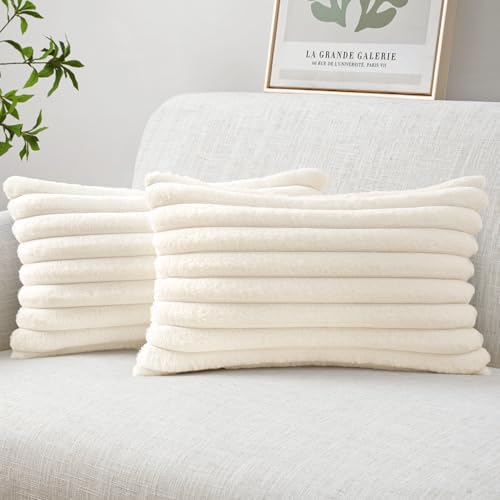 MIULEE Faux Fur Lumbar Decorative Throw Pillow Covers 12x20 Set of 2 Beige by MIULEE
