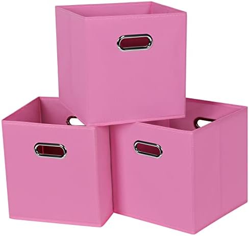 Black Fabric Cubby Storage Bins,13x13x13 Inches ,Cube Organizer Bin Foldable Storage Boxes with Dual Handles Fabric Organizer Box and collapsible Storage basket,Set of 3 ,Pink by Yunkeeper