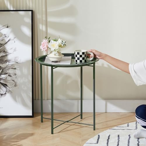 VECELO Side/End Table, Folding Round Metal Anti-Rust and Waterproof Outdoor or Indoor Tray for Living Room Bedroom Balcony and Office, 1 PCS, Dark Green - Image 6
