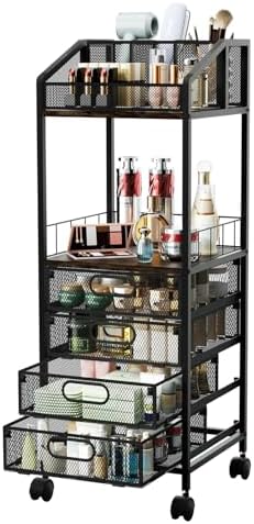 HapiRm Makeup Organizer Storage Cart - Floor Skincare Make Up Storage with 4 Drawers, Rolling Makeup Cart Vanity Organizer Cosmetics Display Cases Holder for Skin Care Perfume Nail Polish by HapiRm