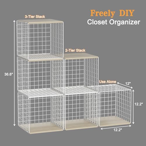 Hencawima 3PCS Stackable Closet Organizers and Storage, Closet Shelves with Wood Top Extra Storage, Clothes Storage Organizer Basket Bin/Cube for Home Wardrobe Organization(White-Sturdy Metal) - Image 3