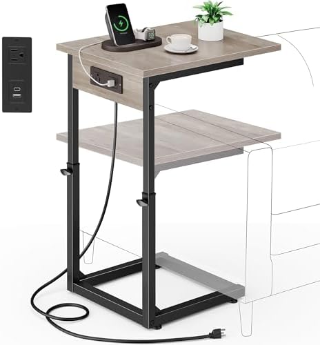 Vagusicc C Shaped End Table with Charging Station, Adjustable Height Side Table for Couch, C Table End Table Couch Table that Slide Under, Sofa Table TV Tray Arm Tables for Living Room, Bedroom, Gray by Vagusicc