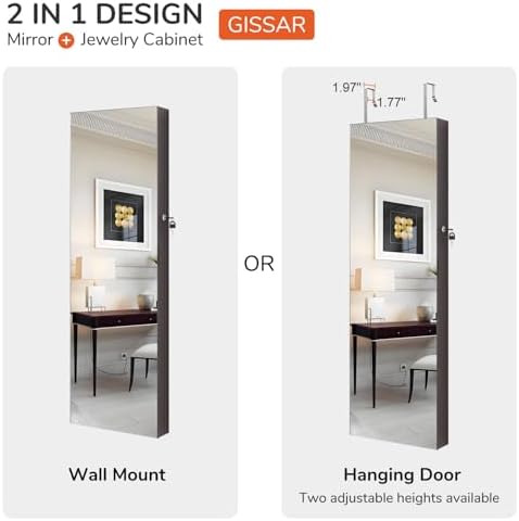 GISSAR Full Length Mirror Jewelry Cabinet, 6 LEDs Jewelry Armoire Wall Mounted Over The Door Hanging, Jewelry Organizer Storage with Lights Lockable, Brown, 14.6" x 47.2" - Image 6