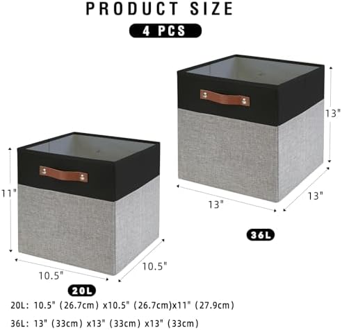 Bagnizer Collapsible Fabric Storage Cube Bins with 2 Reinforced PU Handles, Foldable Storage Organizer Baskets for Closet, Shelves, Living Room | 13"x13"x13", 4 Pack, Black & Gray - Image 4