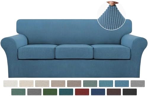 Turquoize 4 Piece Sofa Covers For 3 Cushion Couch Sofa Slipcover Soft Couch Cover For Dogs-Washable Sofa Furniture Covers With 3 Individual Cushion Covers, Jacquard Fabric (3 Cushion Sofa, Dusty Blue) by Turquoize