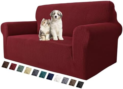 MAXIJIN Stretch Loveseat Sofa Slipcovers 1 piece Love Seat Couch Covers for 2 Cushion Couch Non Slip Sofa Cover Washable Dog Cat Proof Furniture Protector Pet Friendly (Loveseat, Wine Red) by MAXIJIN