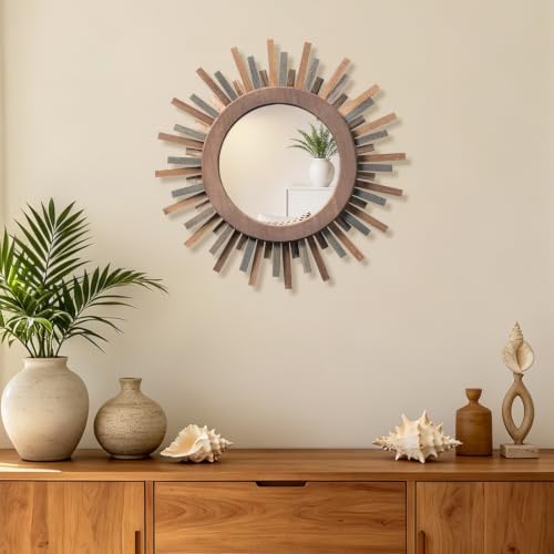 12 Inch Boho Sunburst Mirror, Decorative Rustic Farmhouse Wall Decor for Living Room, Bedroom, Bathroom, Hallway - Tricolor Wood Frame - Image 2