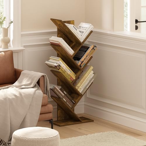 Furinno Tree Book Shelf, 7-Tier Bookshelf with Angled Open Shelf, Tree Bookcase for Room Decor, 8.4 x 15.7 x 39.4, for Organization and Storage, for Living Room, Bedroom, Home Office, Amber Pine - Image 2