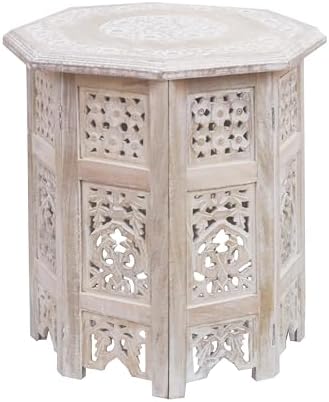 COTTON CRAFT Solid Wood End Table - Hand Carved Folding Accent Side Table by COTTONCRAFT