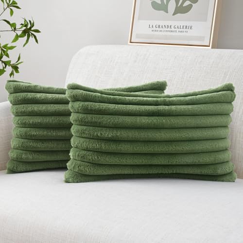 MIULEE Faux Fur Lumbar Throw Pillow Covers 12x20 Set of 2 Moss Green by MIULEE